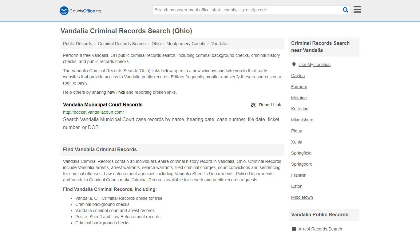 Vandalia Criminal Records Search (Ohio) - County Office