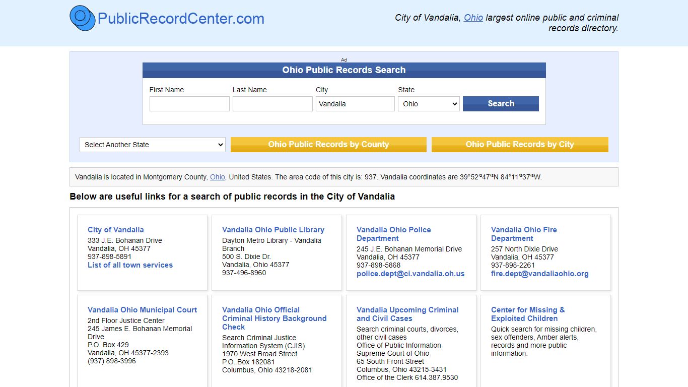 Vandalia, Ohio Public Records and Criminal Background Check